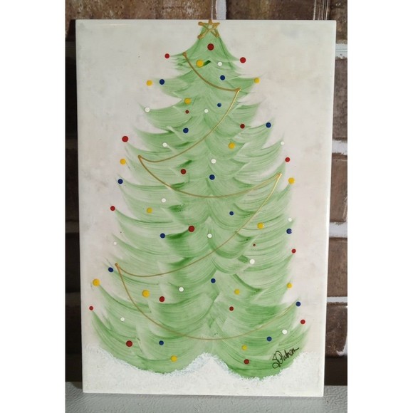 Hand Painted Christmas Tree Tile Signed S PUTNAM Made in Brazil Eliane Tile - Picture 1 of 9